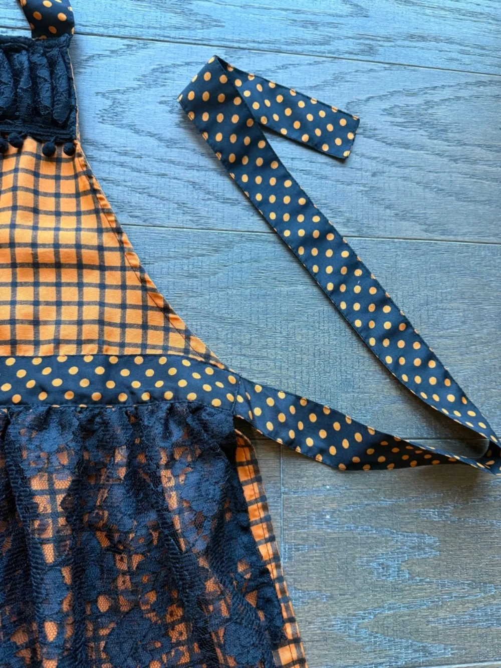 Pier 1 Imports Halloween Apron Orange Black Polka Dot Lace Spiderweb Cottagecore